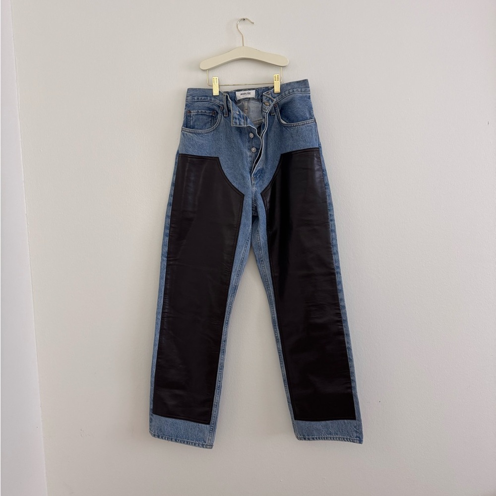 Agolde Ryder recycled leather-paneled high-rise straight-leg organic jeans